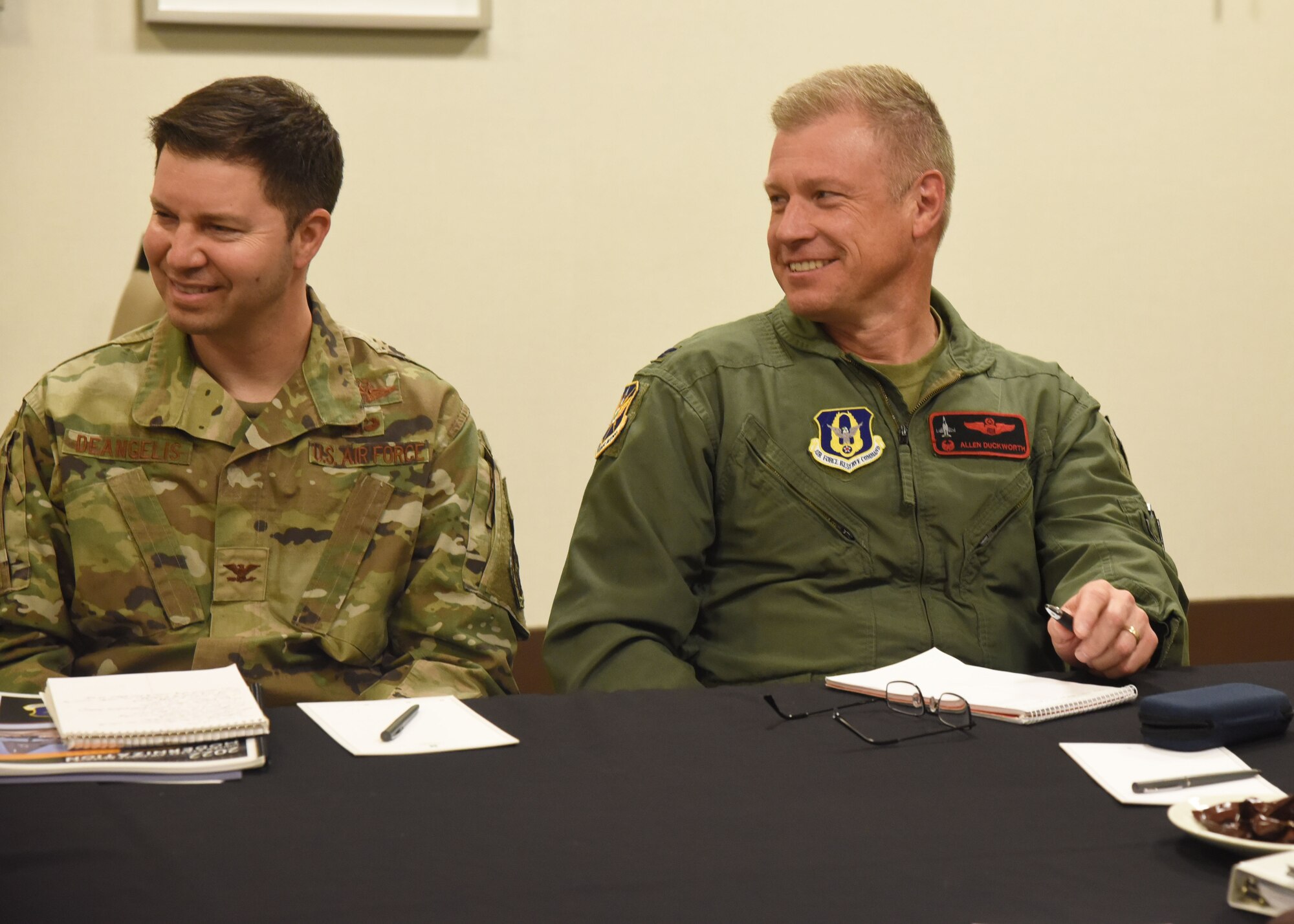 Col. David A. DeAngelis, left, 610th Command and Control Squadron commander and Col. Allen E. Duckworth, 301st Fighter Wing commander, attend the Annual Commanders and Command Chiefs management and leadership review event held in Fort Worth, Texas, June 20-23. The three-day session focused on disseminating information from 10th AF senior leaders to commanders and chiefs on various topics to include budgeting, recruitment challenges and force restructure. (U.S. Air Force photo by 2nd Lt. Mary A. Andom)