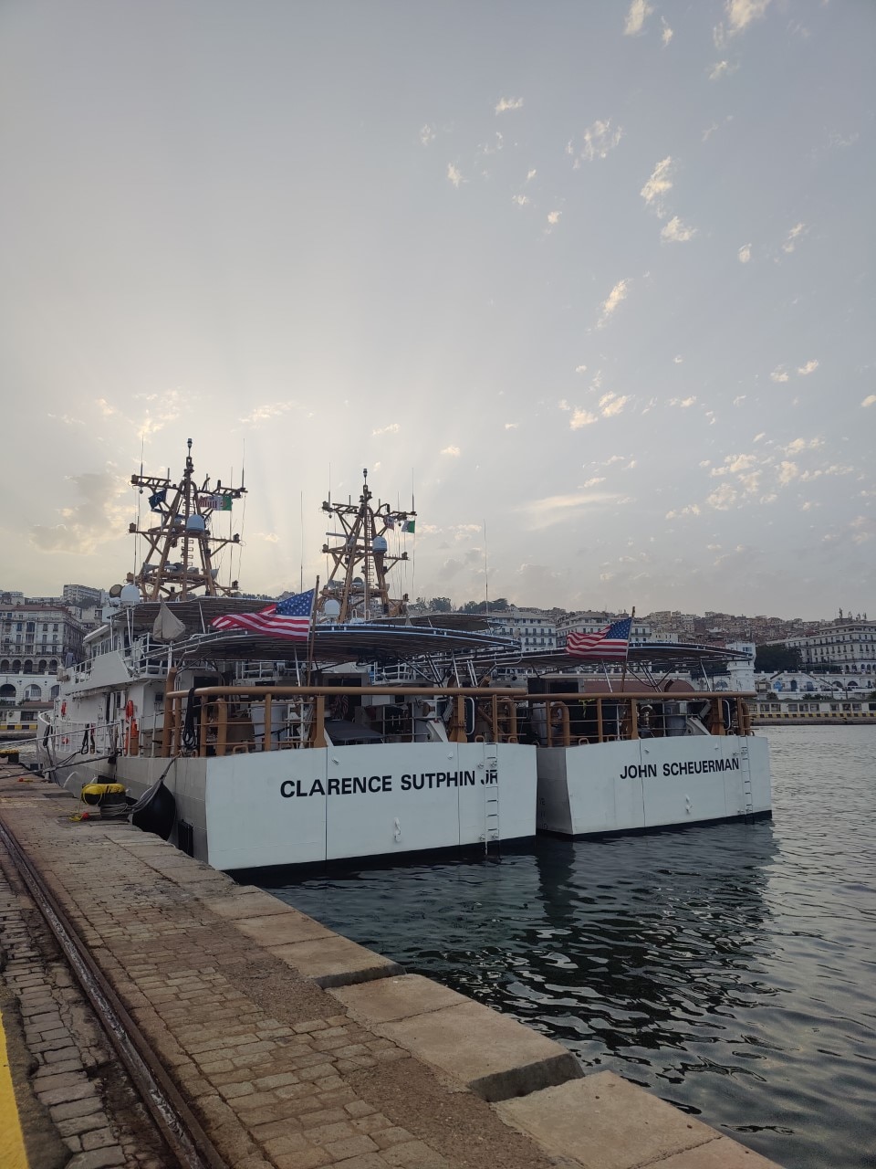 The U.S. Coast Guard Sentinel-class fast response cutters USCGC Clarence Sutphin Jr. (WPC 1147), right, and USCGC John Scheuerman (WPC 1146) moor in Algiers, Algeria during a scheduled port visit, July 6, 2022.