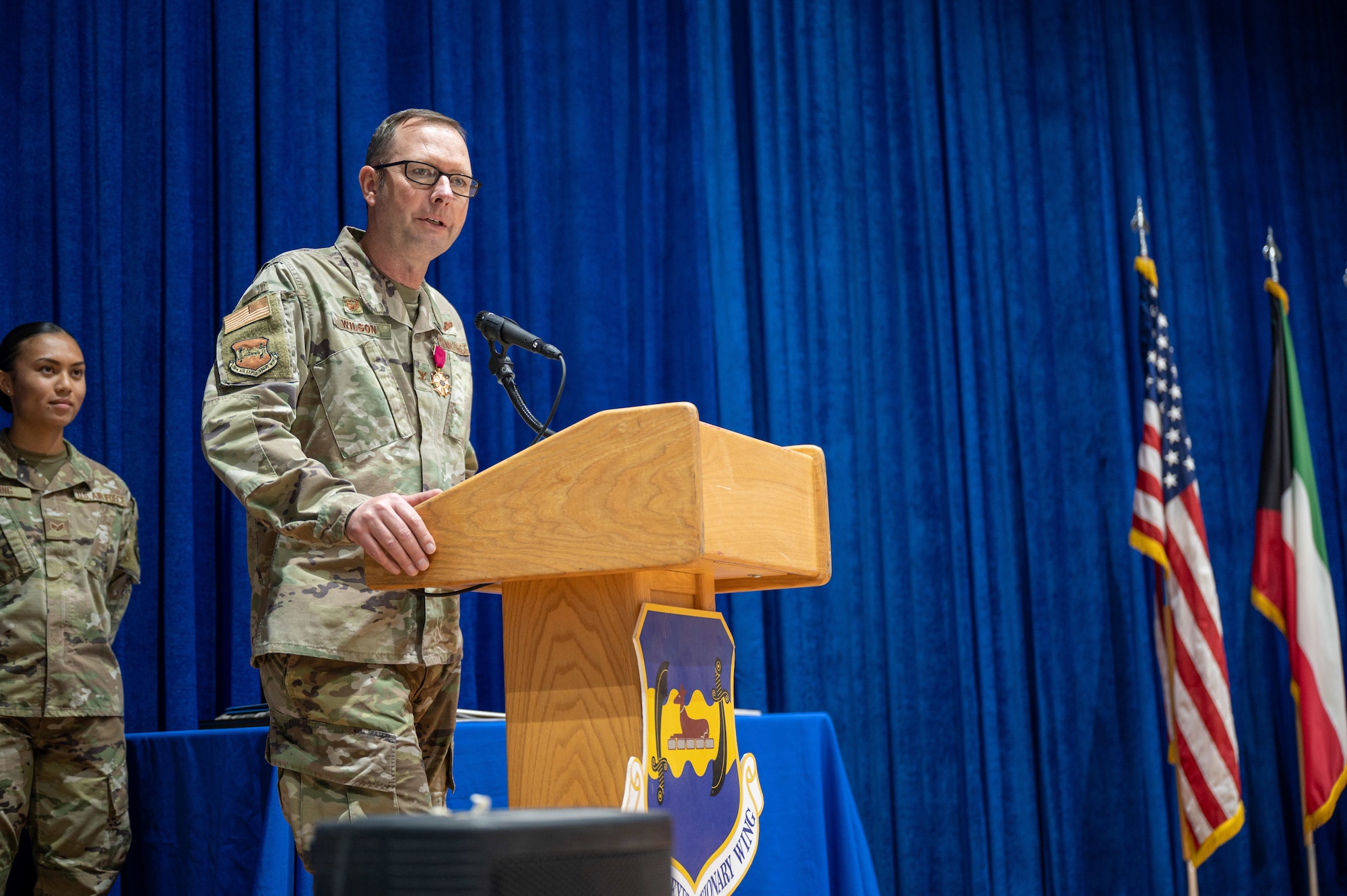 The 386th Air Expeditionary Wing hosted a change of command ceremony at the base theater July 1, 2022.  This was the final ceremony for the 386th AEW as it shifted from the expeditionary group construct to the Air Staff model.