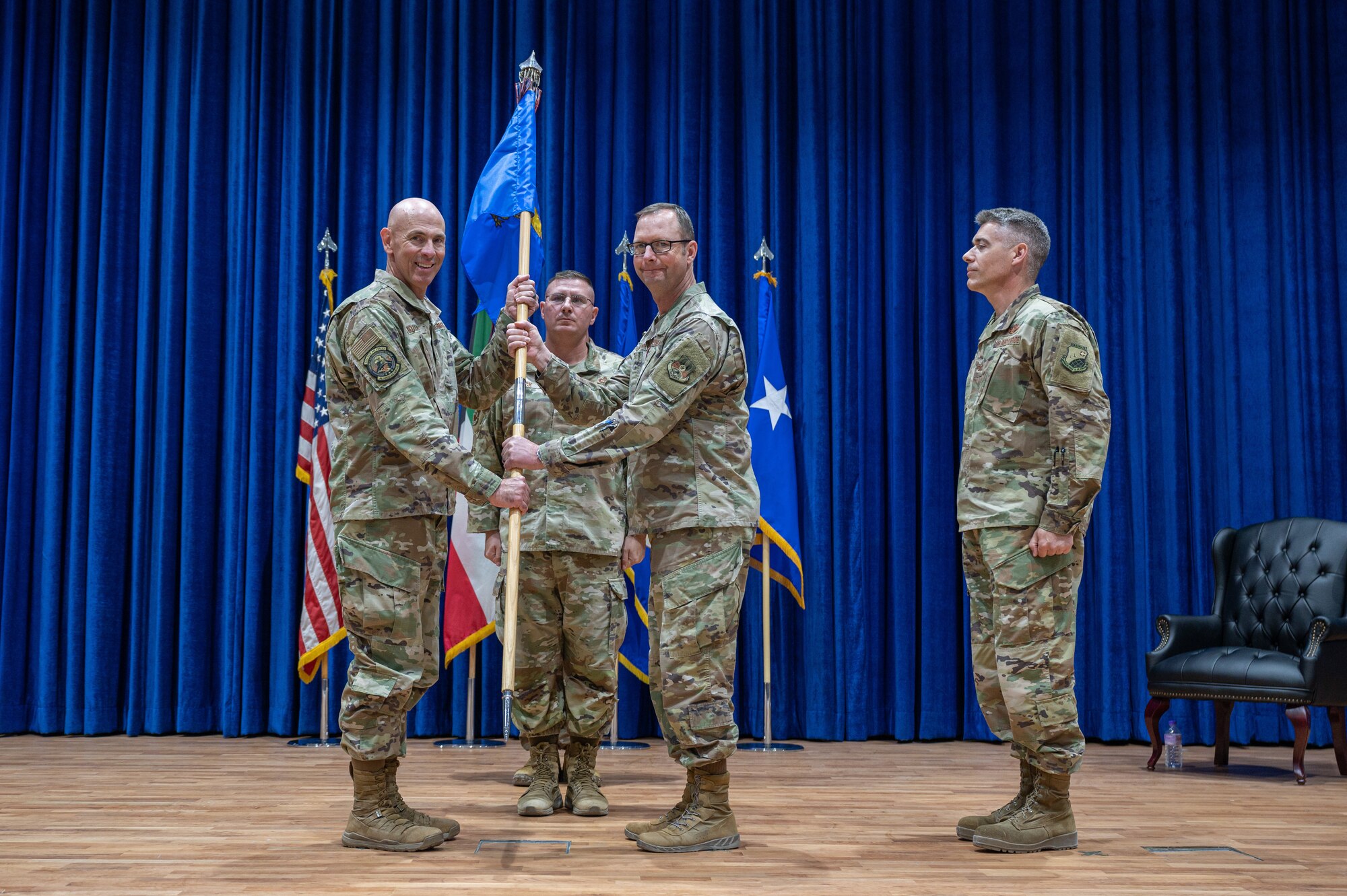 The 386th Air Expeditionary Wing hosted a change of command ceremony at the base theater July 1, 2022.  This was the final ceremony for the 386th AEW as it shifted from the expeditionary group construct to the Air Staff model.