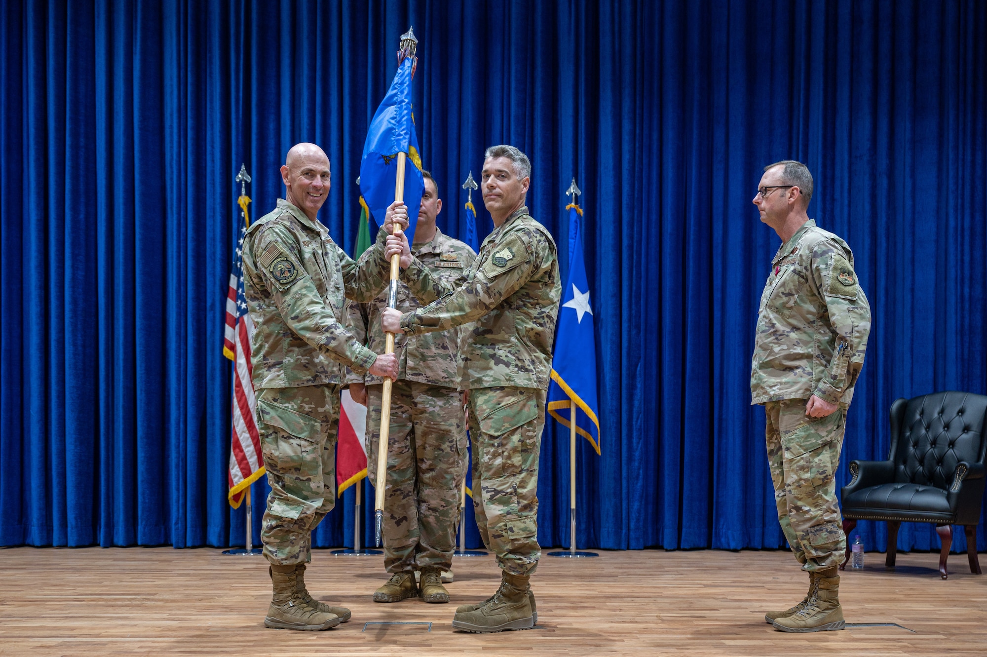 The 386th Air Expeditionary Wing hosted a change of command ceremony at the base theater July 1, 2022.  This was the final ceremony for the 386th AEW as it shifted from the expeditionary group construct to the Air Staff model.