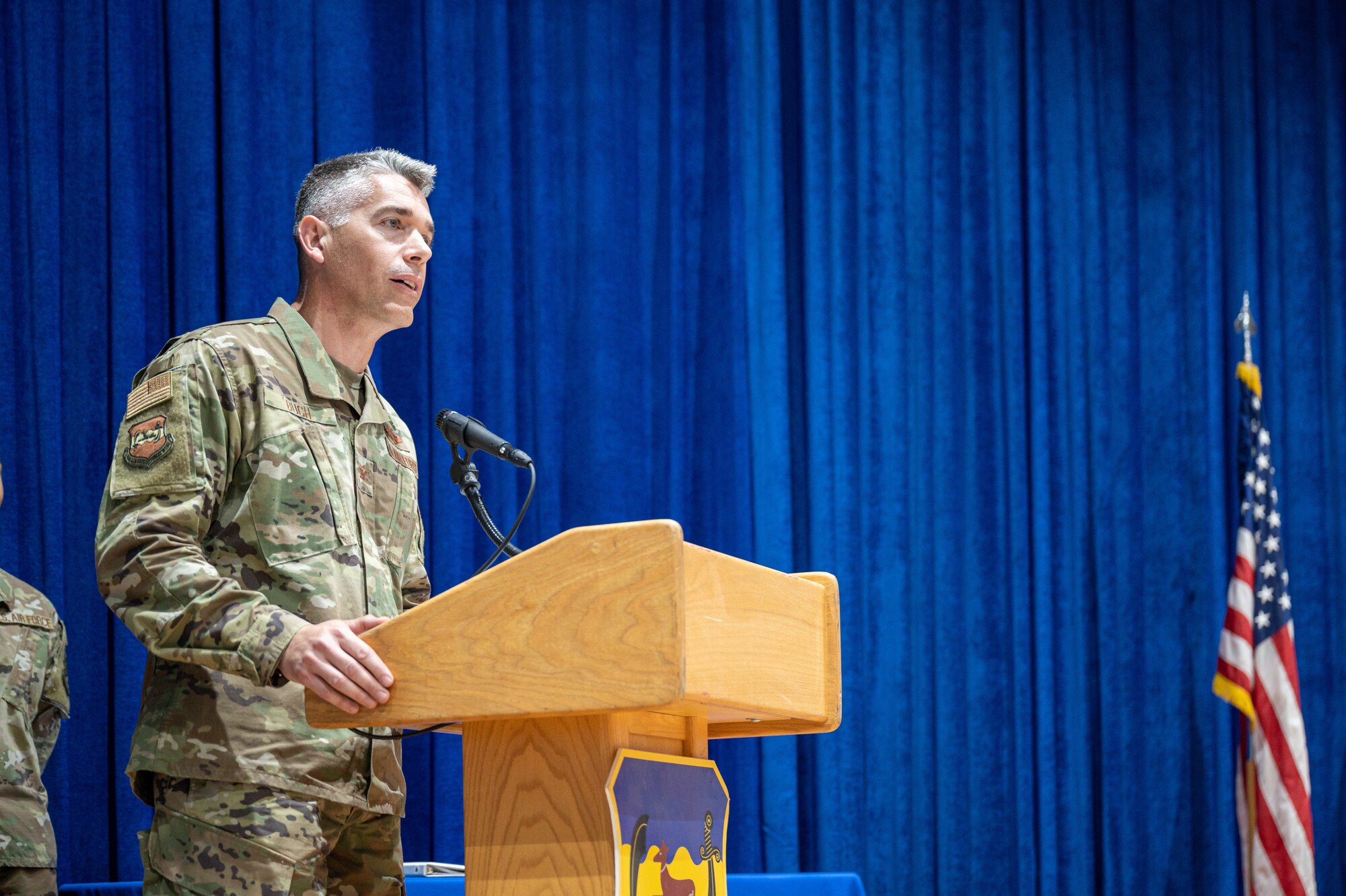 The 386th Air Expeditionary Wing hosted a change of command ceremony at the base theater July 1, 2022.  This was the final ceremony for the 386th AEW as it shifted from the expeditionary group construct to the Air Staff model.