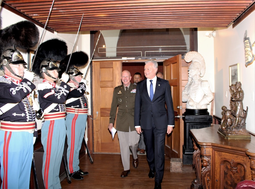Lithuanian President Gitanas Nauseda, right, visits the First Troop Philadelphia City Calvary Armory on July 2, 2022 in Philadelphia. President Nauseda met with Maj. Gen. Mark J. Schindler, the Adjutant General of Pennsylvania, and leaders of the Pennsylvania Departments of Military and Veterans Affairs (DMVA) and Community and Economic Development (DCED) to discuss economic opportunities and their 29-year state partnership program.