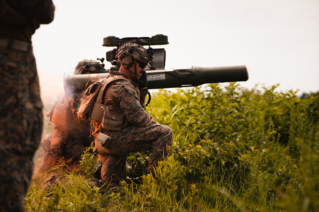 U.S. Marines Cpl. Michael Macfarland, left, an anti-tank missile gunner, and Gunnery Sgt. Jason Mullaly, an infantry unit leader with 3d Battalion, 2d Marines, fire a TOW missile system during exercise Shinka 22.1 at Combined Arms Training Center, Camp Fuji, Japan, July 2, 2022. Shinka exemplifies a shared commitment to realistic training that produces lethal, ready, and adaptable forces capable of decentralized operations across a wide range of missions. 3/2 is forward deployed in the Indo-Pacific under 4th Marines, 3d Marine Division as part of the Unit Deployment Program.
