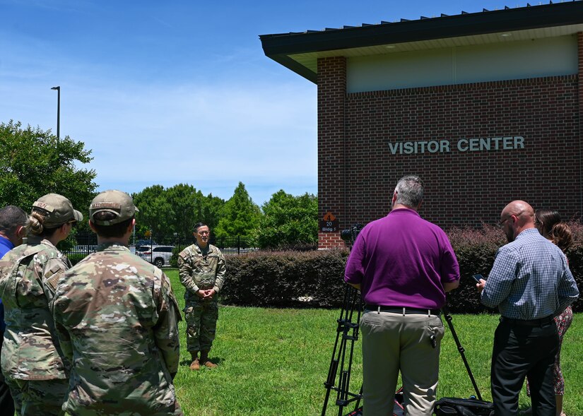 U.S. Army Col. Harry Hung, 633d Air Base Wing vice commander, participates in a mock interview with the 633d ABW Public Affairs office during a base-wide active shooter exercise at Joint Base Langley-Eustis, Virginia, June 28, 2022.