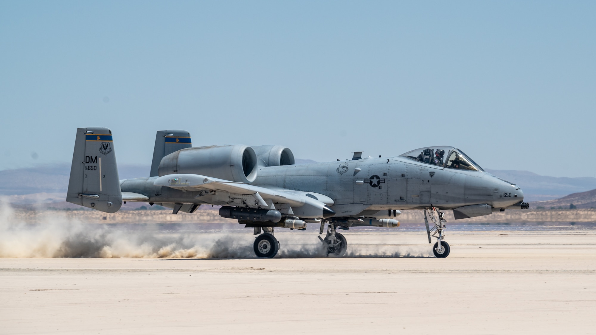 An A-10 Thunderbolt II, assigned to the 355th Wing, out of Davis-Monthan Air Force Base, Arizona, takes off from Rogers Dry Lake during an Agile Combat Employment Exercise on Edwards Air Force Base, California, June 27. The training featured Airmen from the 821st Contingency Response Squadron, out of Travis Air Force Base, California, and the 412th Operations Support Squadron based at Edwards AFB. (Air Force photo by Giancarlo Casem)