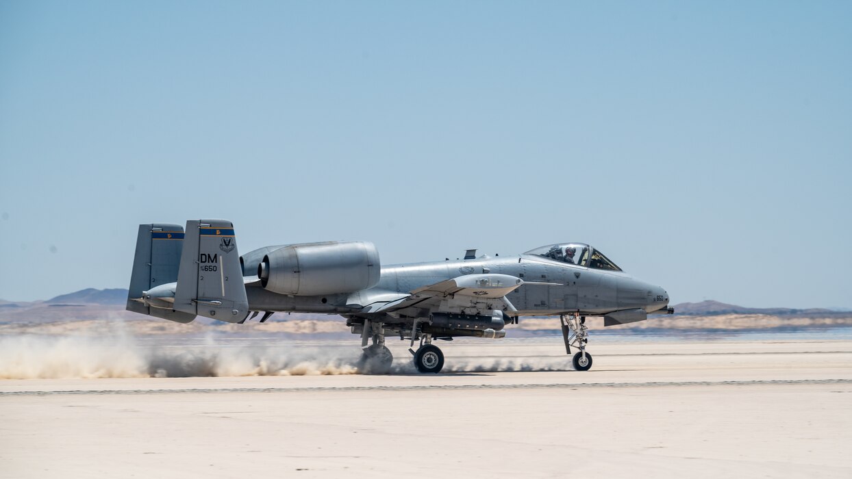 An A-10 Thunderbolt II, assigned to the 355th Wing, out of Davis-Monthan Air Force Base, Arizona, takes off from Rogers Dry Lake during an Agile Combat Employment Exercise on Edwards Air Force Base, California, June 27. The training featured Airmen from the 821st Contingency Response Squadron, out of Travis Air Force Base, California, and the 412th Operations Support Squadron based at Edwards AFB. (Air Force photo by Giancarlo Casem)