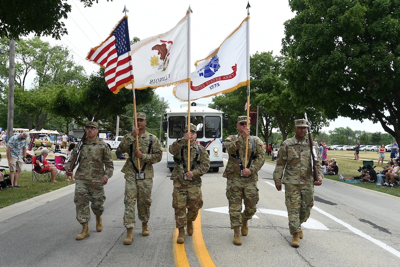 The 85th U.S. Army Reserve Support Command color guard team marches in the Rolling Meadows Independence Day parade, July 4, 2022.