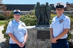 Chief Petty Officer Kailea Blankenship, a boatswain’s mate with USCG Station Galveston, the Coast Guard 2021 Enlisted Person of the Year - Active Duty Component; and Chief Petty Officer Ryan Huffman, a machinery technician with USCG Staton Channel Islands, the Coast Guard 2021 Enlisted Person of the Year - Reserve Component, pose for a photo after being recognized by Master Chief Petty Officer Jason Vanderhaden and Master Chief Petty Officer of the Coast Guard Reserve George Williamson at Coast Guard Training Center Cape May, New Jersey, May 18, 2022. (U.S. Coast Guard photo by Petty Officer 1st Class Lisa Ferdinando)