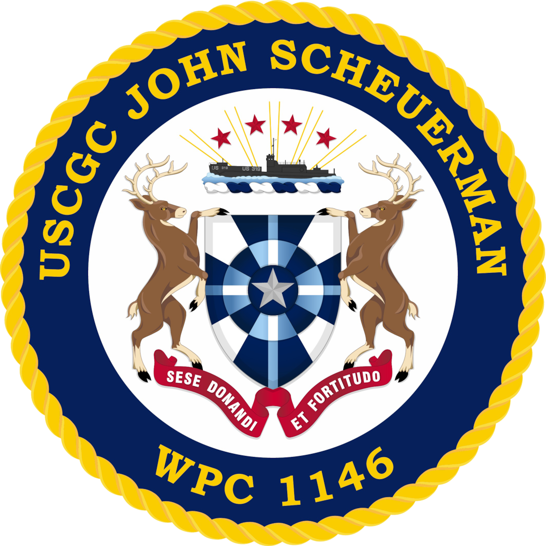 USCGC John Scheuerman Emblem. The vessel's official motto translates to selflessness and strength.