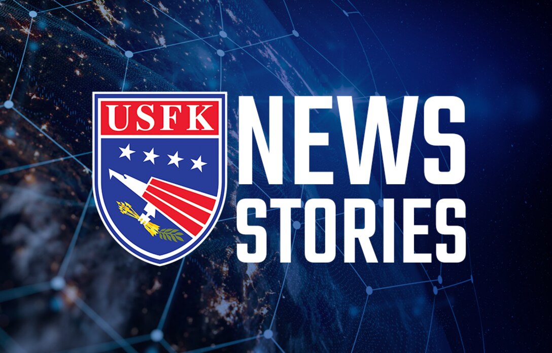 A dark blue background with the USFK logo and the title "News Stories" in white.
