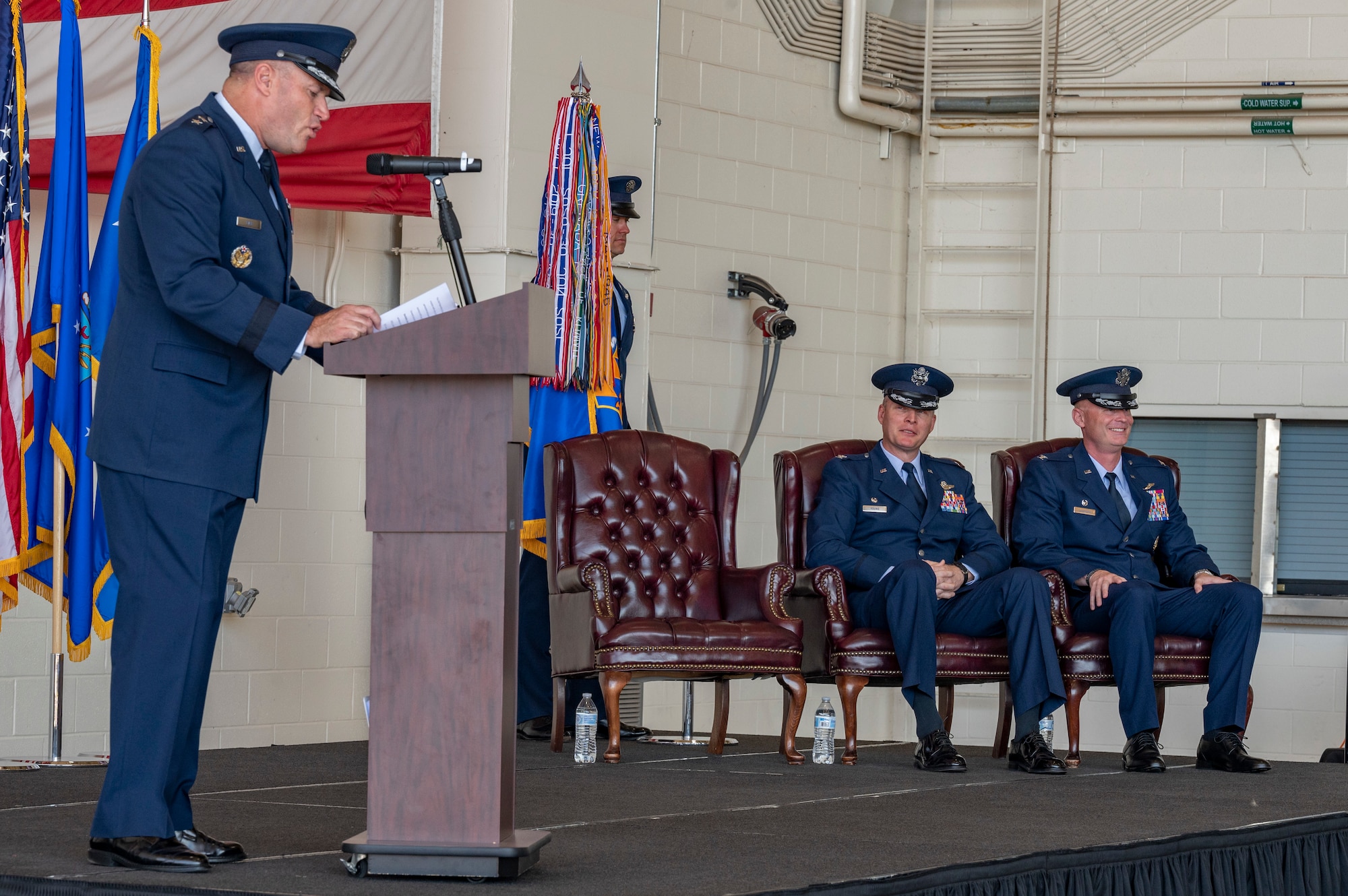 Maj. Gen. Kenneth Bibb, 18th Air Force commander, gives a speech during the 317th Airlift Wing change of command ceremony at Dyess Air Force Base, Texas, July 7, 2022. Bibb was the presiding officer during the Change of Command, where he relieved Col. James Young of his responsibilities following two years of honorable and dedicated service to the men and women of the 317th AW. (U.S. Air Force photo by Senior Airman Josiah Brown)