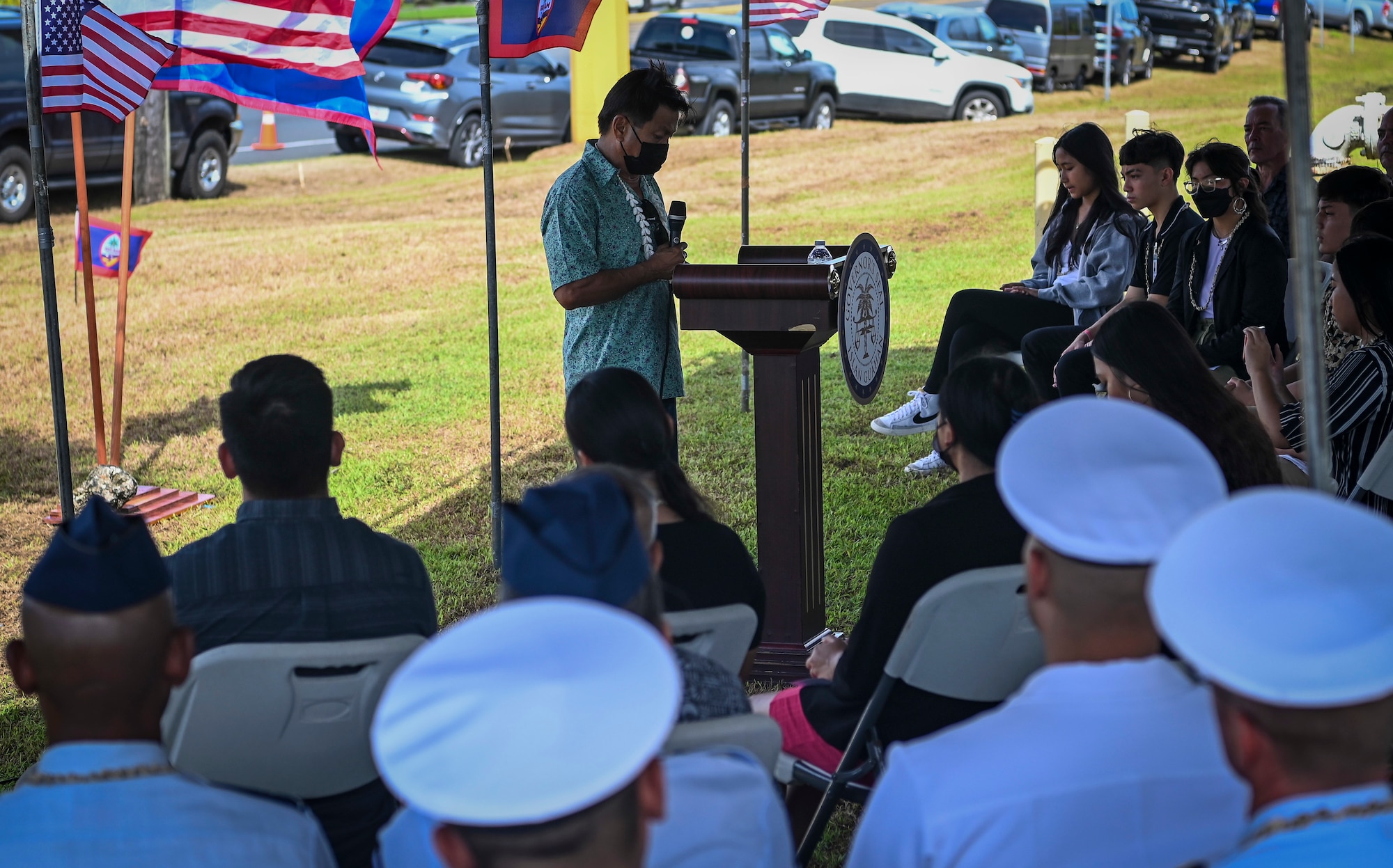 Rudy A. Paco, Mayor of Mongmong-Toto-Maite, Guam, speaks during the Hasso Monmong-Toto-Maite Marine Depot Memorial Ceremony in Maite, Guam on July 7, 2022.