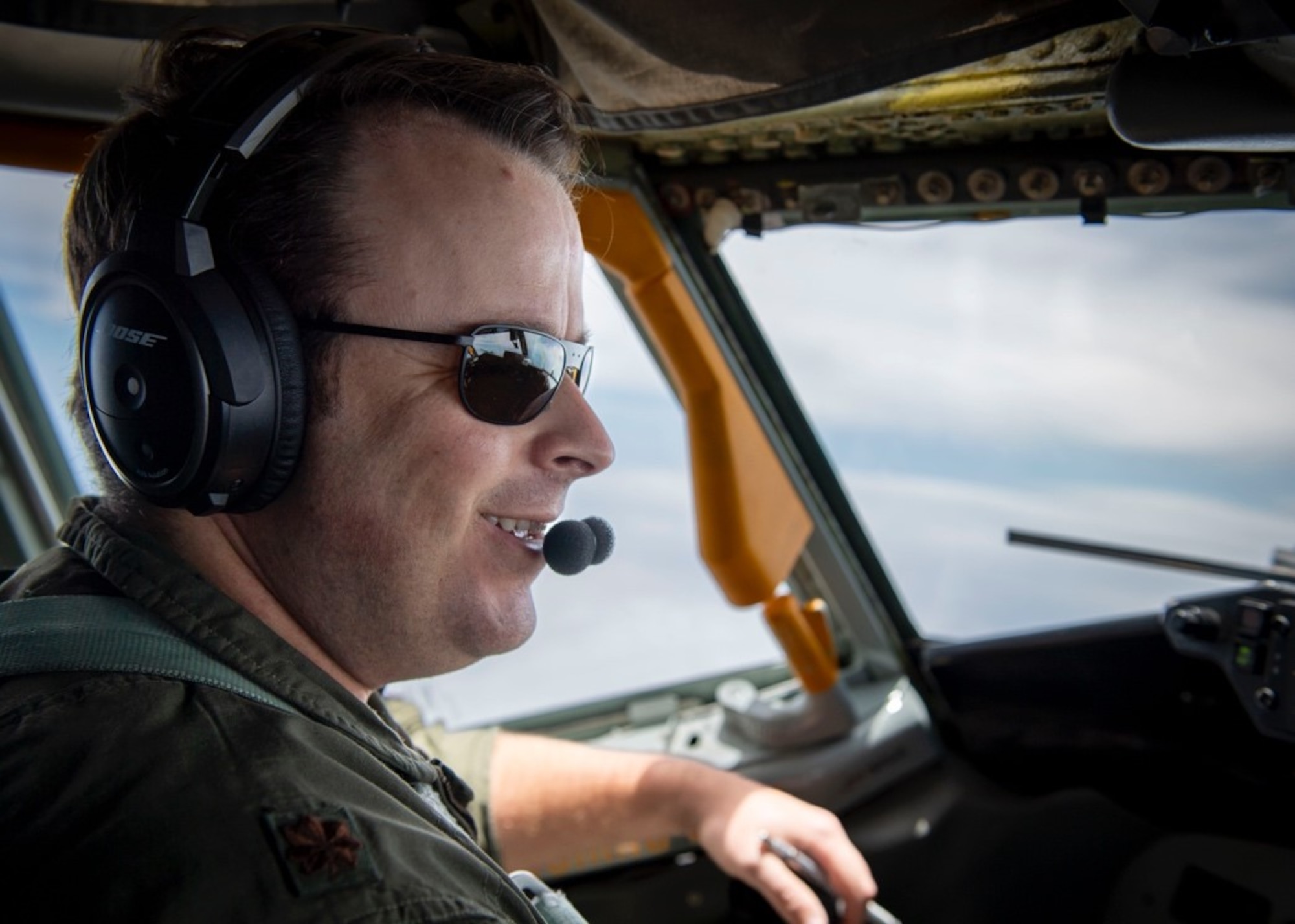 U.S. Air Force Maj. William Smith, a KC-135 Stratotanker aircraft pilot assigned to the 91st Air Refueling Squadron, tests new Aircrew Laser Eye Protection glasses while flying a KC-135 during a training mission over Charleston, South Carolina, June 23, 2022. Smith participated in a developmental test of the new ALEP glasses conducted by the 46th Test and Evaluation Squadron from Eglin Air Force Base, Florida. (U.S. Air Force photo by Airman 1st Class Lauren Cobin)