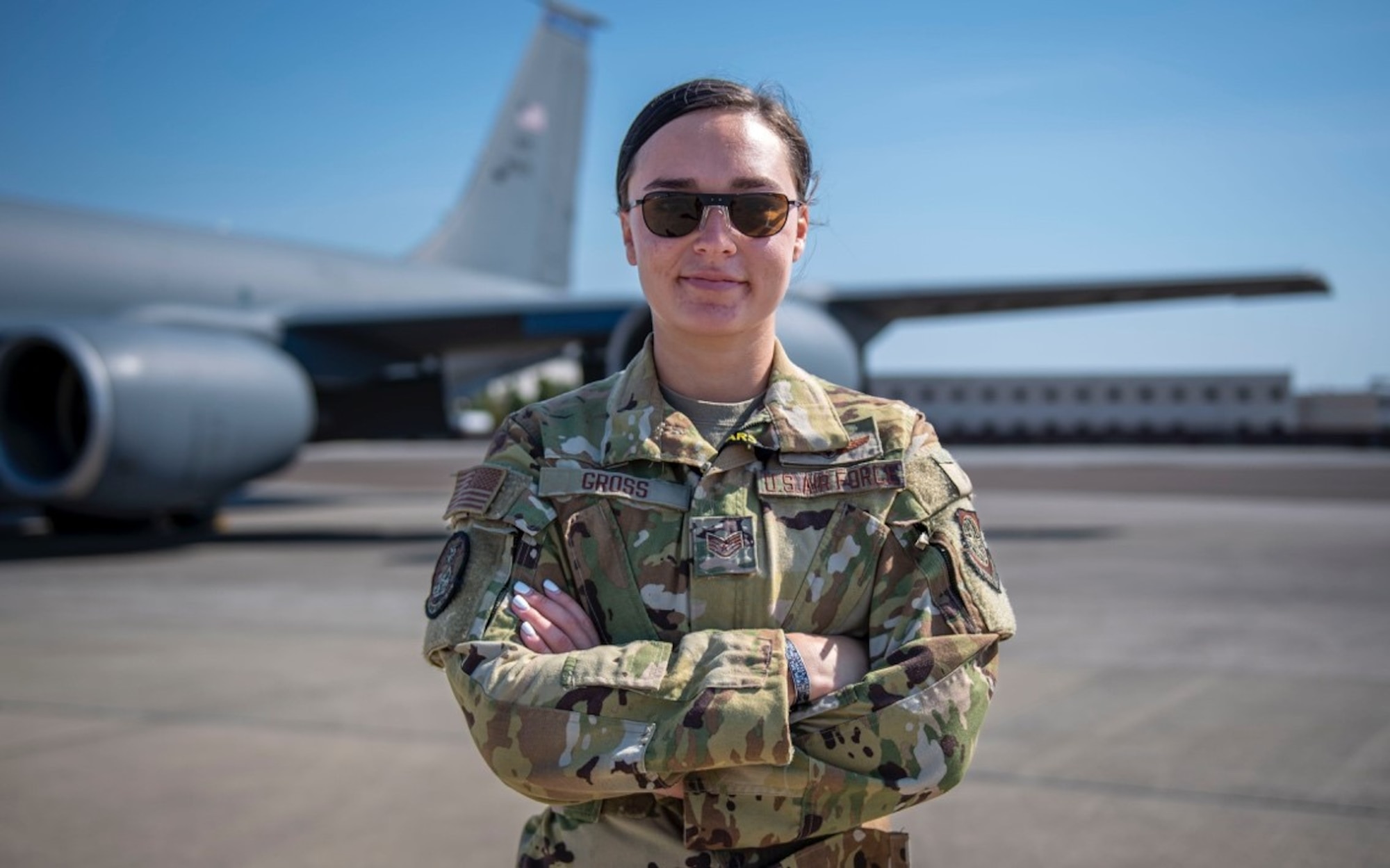 U.S. Air Force Staff Sgt. Jacqueline Gross, a KC-135 Stratotanker aircraft boom operator assigned to the 91st Air Refueling Squadron, MacDill Air Force Base, Florida, tests the new Aircrew Laser Eye Protection glasses at MacDill AFB June 23, 2022. A new version of the ALEP glasses was tested by Gross to evaluate the device’s effectiveness while performing in-flight aerial refueling. (U.S. Air Force photo by Airman 1st Class Lauren Cobin)