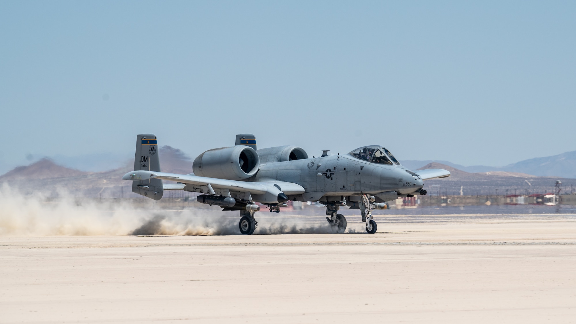 An A-10 Thunderbolt II, assigned to the 355th Wing, out of Davis-Monthan Air Force Base, Arizona, takes off from Rogers Dry Lake during an Agile Combat Employment Exercise on Edwards Air Force Base, California, June 27. The training featured Airmen from the 821st Contingency Response Squadron, out of Travis Air Force Base, California, and the 412th Operations Support Squadron based at Edwards AFB. (Air Force photo by Giancarlo Casem)