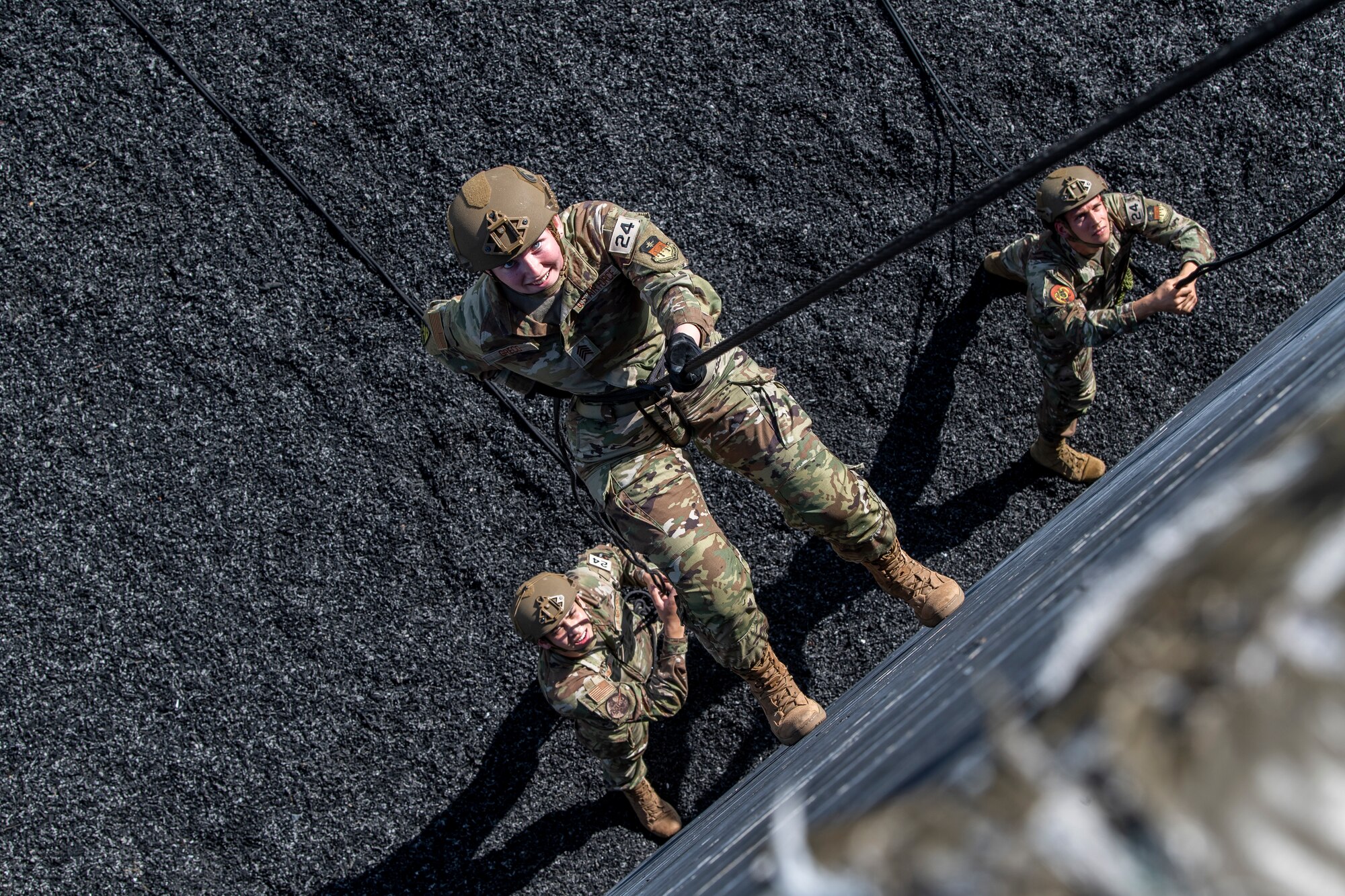 U.S. Air Force Academy cadets learn how to rappel and belay at Moody Air Force Base, Georgia, June 29, 2022.