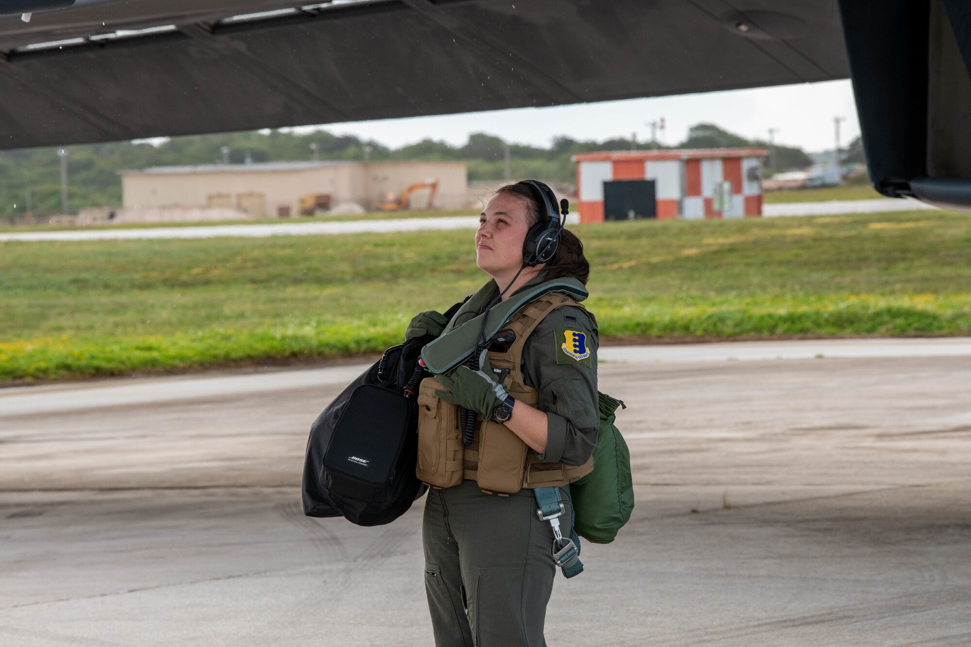 U.S. Air Force 1st Lt. Nicole Sorrells, a weapons systems officer assigned to 34th Expeditionary Bomb Squadron, inspects a B-1B Lancer at Andersen Air Force Base, Guam before joining a Bomber Task Force mission, June 16, 2022.