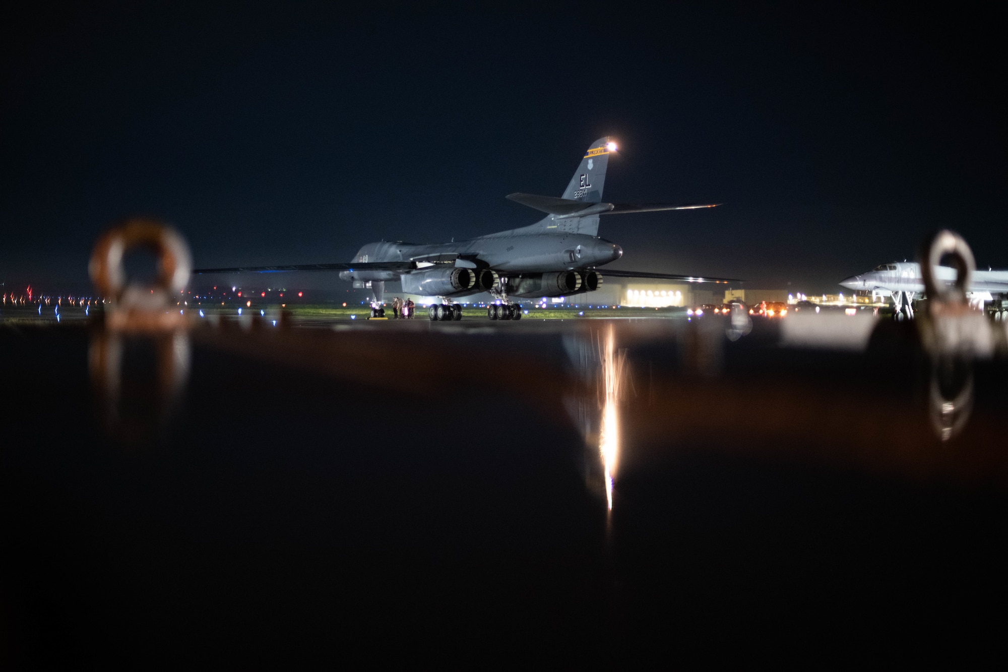 A U.S. Air Force B-1B Lancer, assigned to 34th Expeditionary Bomb Squadron, parks on a taxiway at Andersen Air Force Base, Guam, after returning from a Bomber Task Force mission, June 26, 2022.