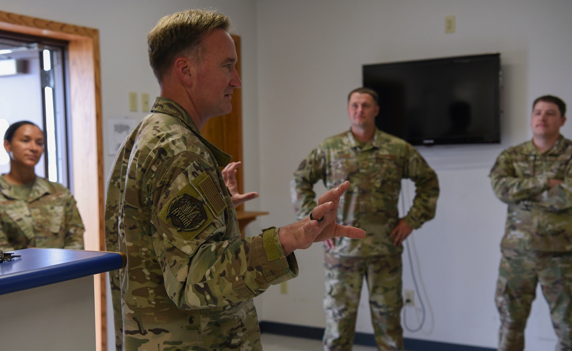 U.S. Air Force Chief Master Sgt. Christopher Wlodarczyk, the speaks with airmen.