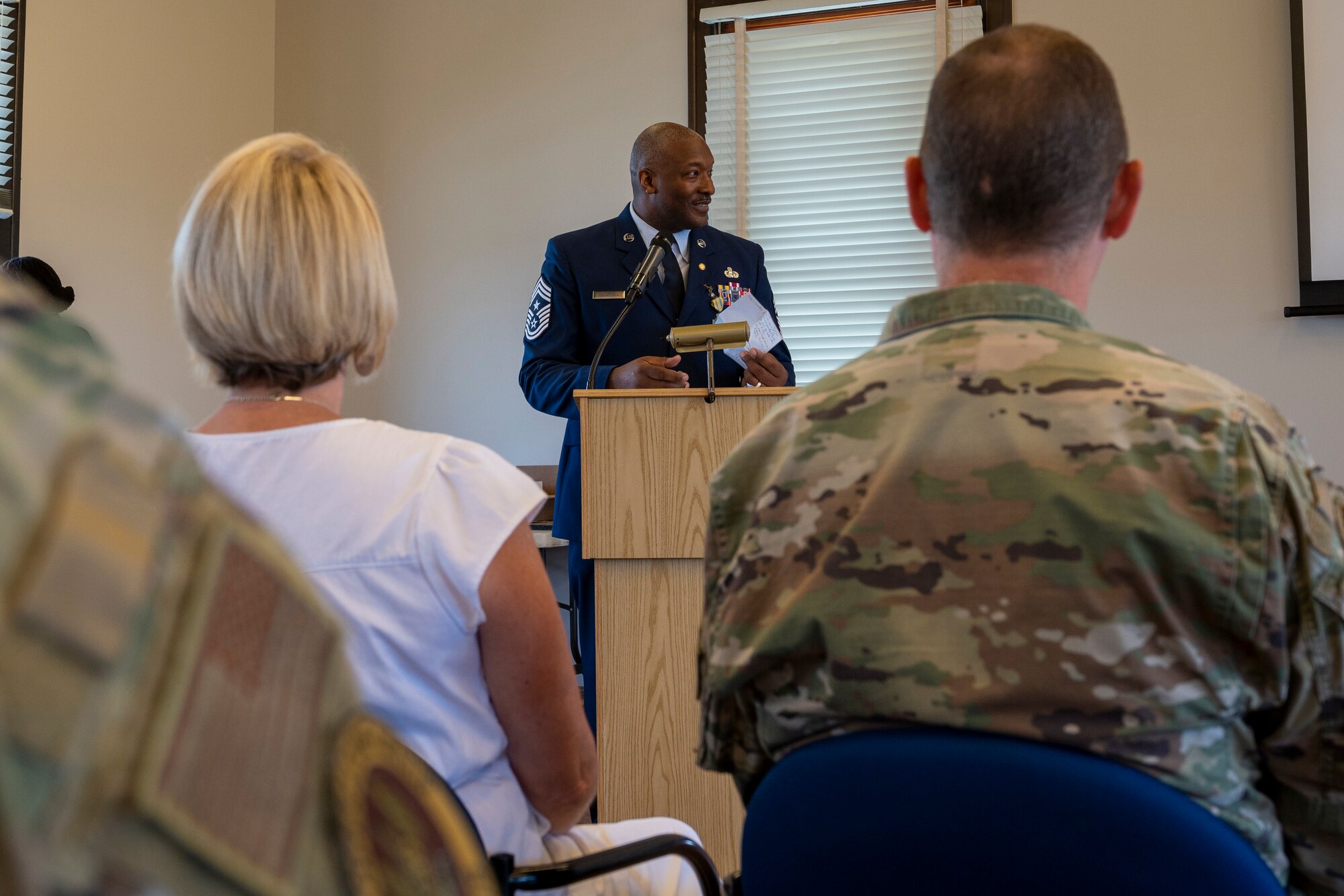 Chief Master Sgt. LeRoy E. McCardell Jr., 131st Bomb Wing command chief master sergeant, addresses the audience during his retirement ceremony, June 25, 2022, at Jefferson Barracks Air National Guard Base, St. Louis, Missouri. McCardell served for 34 years. (U.S. Air National Guard photo by Senior Airman Whitney Erhart)
