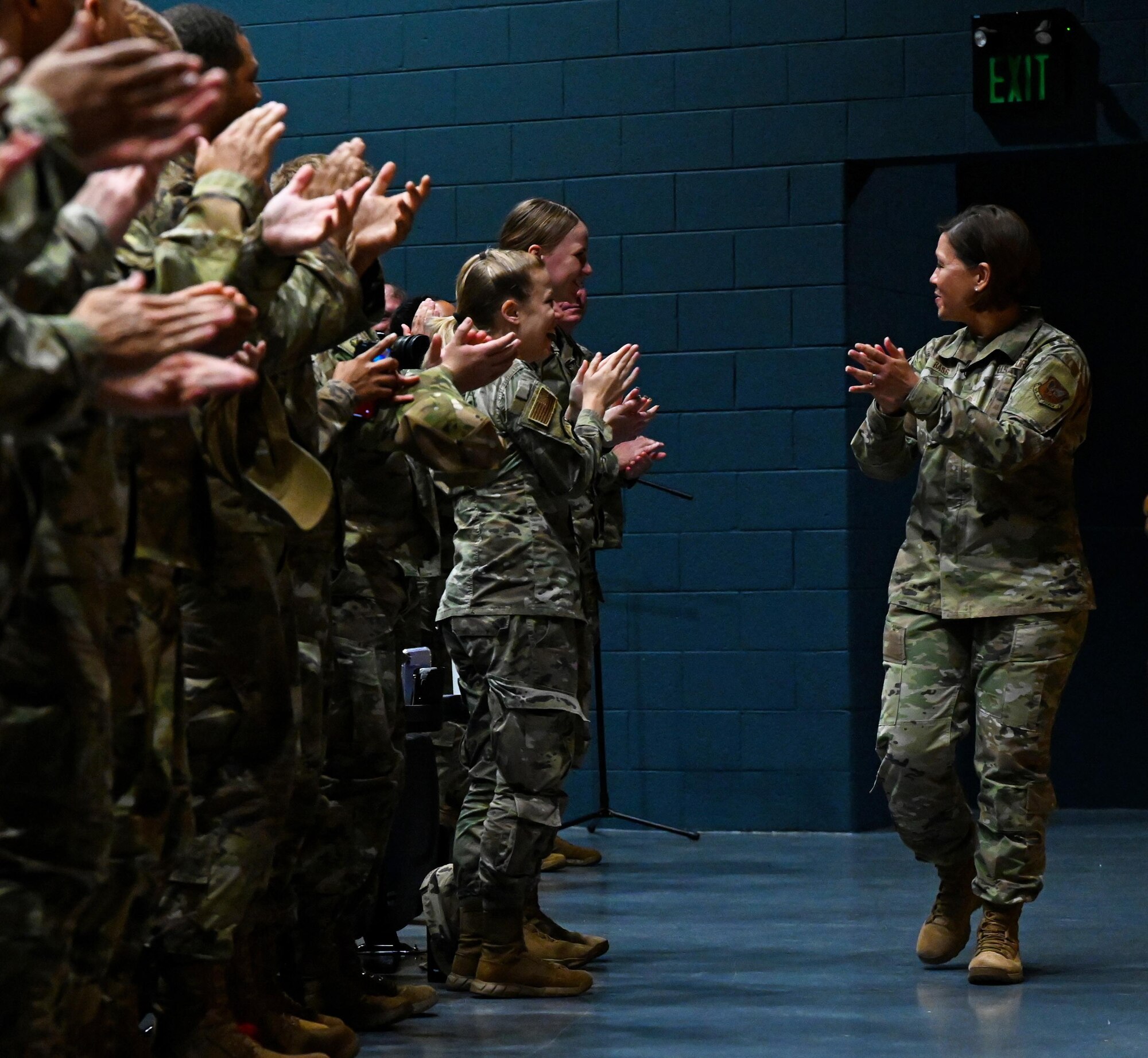 Chief Master Sgt. of the Air Force JoAnne S. Bass exits an all-call