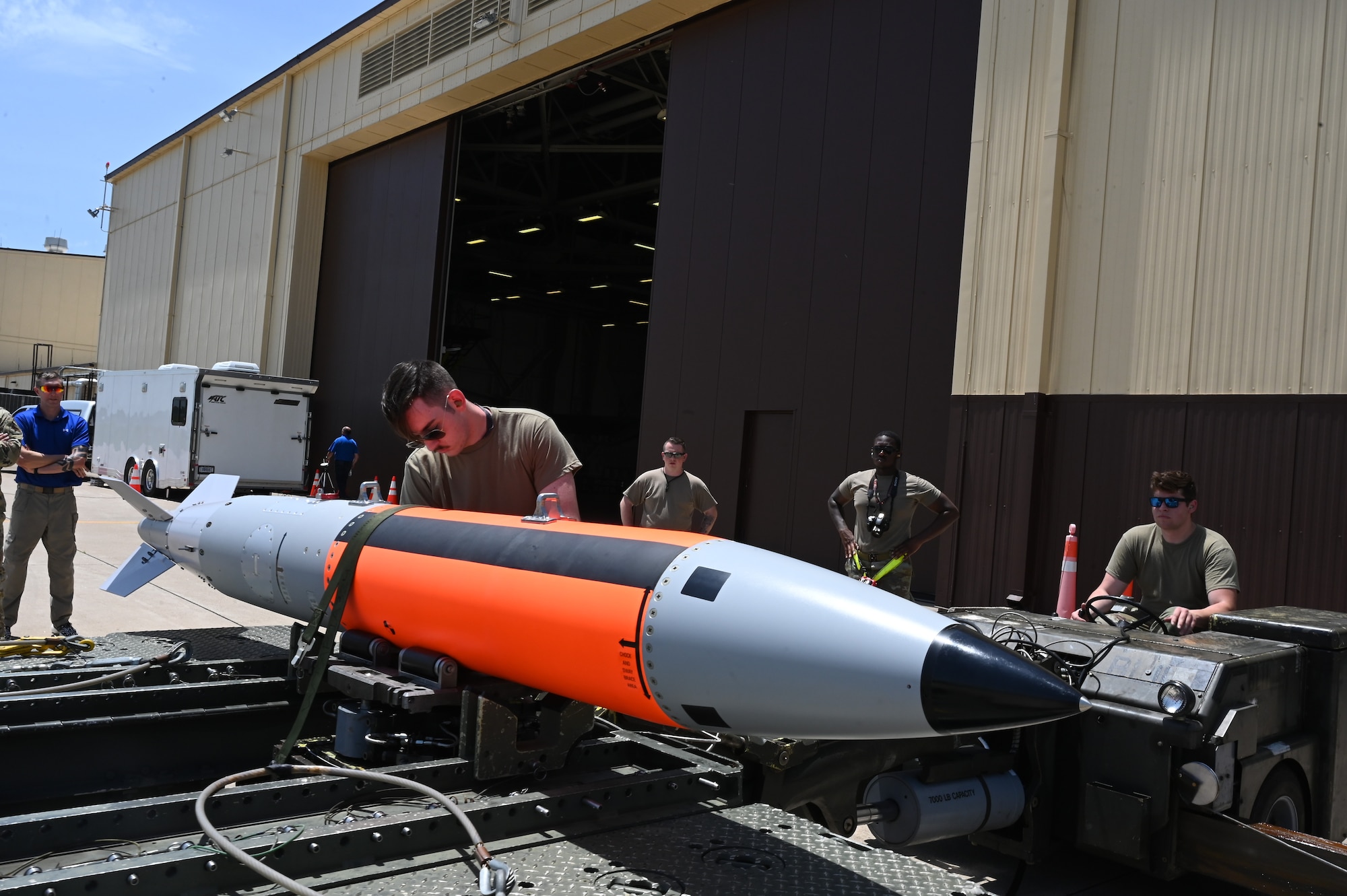 The 72nd Test and Evaluation Squadron test loads a new nuclear-capable weapons delivery system for the B-2 Spirit bomber on June 13, 2022 at Whiteman Air Force Base, Missouri. The 72nd TES conducts testing and evaluation of new equipment, software and weapons systems for the B-2 Spirit Stealth Bomber. (U.S. Air Force photo by Airman 1st Class Devan Halstead)