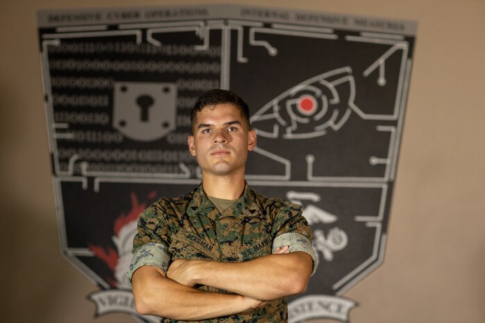 U.S. Marine Corps Cpl. Ian Bergman, a cyberspace warfare operator with I Marine Expeditionary Force’s Defensive Cyber Operations Internal Defensive Measures team, poses for a photo at 9th Communication Battalion on Camp Pendleton, California June 29, 2022. I MEF’s DCO-IDM team won the Deputy Commandant for Information, Marine Corps “Capture the Flag” Cyber Games 2022.