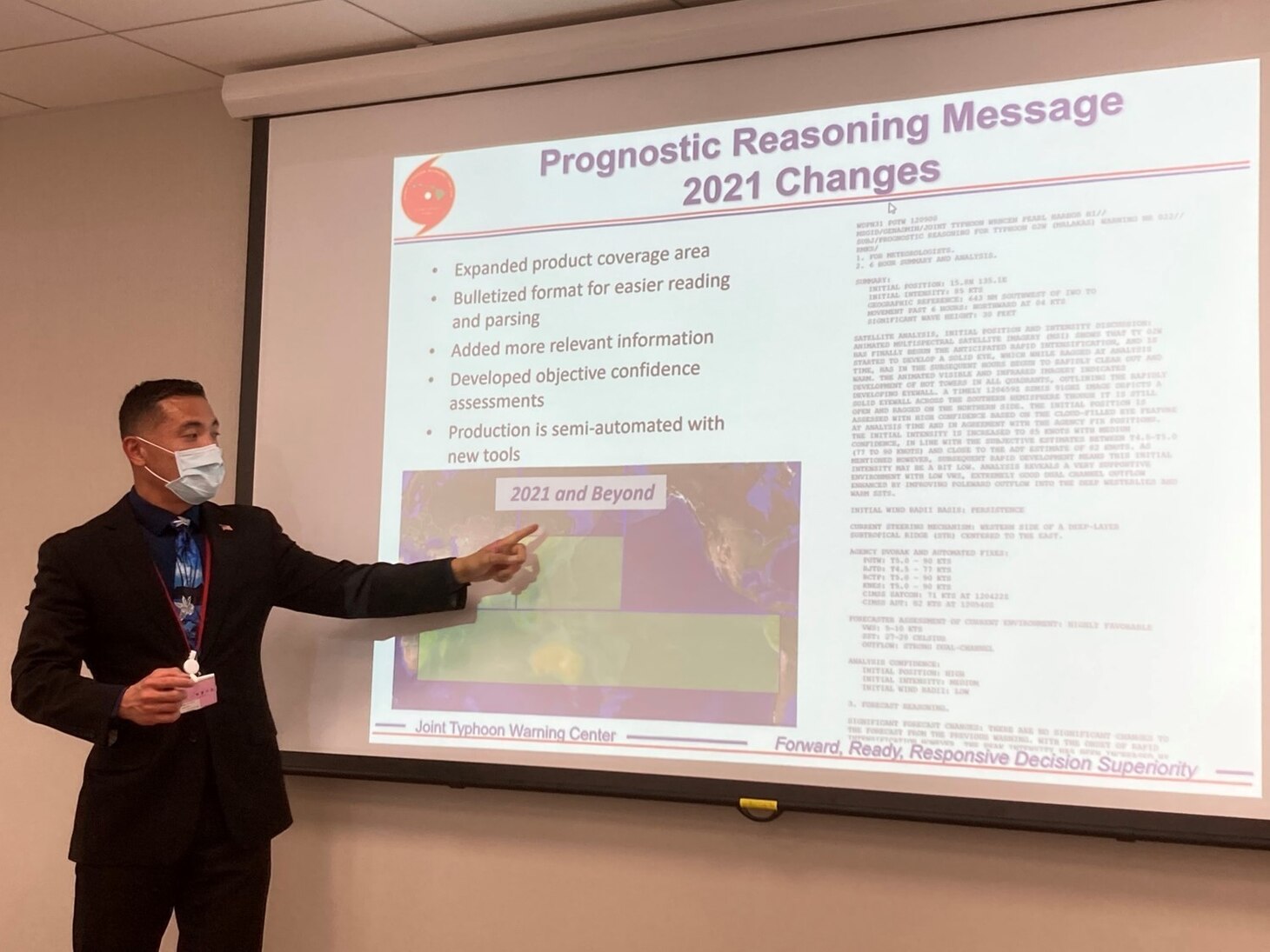 n Jun 10, 2022, Mr. Brian Strahl and Dr. Owen Shieh visited the Japanese Meteorological Agency in Tokyo, Japan, during the 2022 JTWC Roadshow. 

This visit re-established in-person dialogue with JMA and its WMO-designated Typhoon Center, which was not possible throughout the COVID-19 pandemic. Mr. Strahl and Dr. Shieh began by presenting a plaque commemorating the visit and long-standing mutual friendship between the two agencies to the JMA Director General for Atmosphere and Ocean, Mr. Takashi Mori, and the Head of the Regional Specialized Meteorological Center (RSMC), Mr. Takuya Hosomi. In addition to discussing the mutual benefit of the close relationship and continuing liaison efforts, the meeting provided an opportunity to thank JMA for providing real-time radar data to the Office of Naval Research. Having access to this radar network across Mainland Japan and throughout the Ryukus will boost CNMOC’s understanding of the environment in this key location. Mr. Strahl and Dr. Shieh participated in a technical exchange with scientists of the Tokyo Typhoon Center, followed by a tour of the JMA operations floor. This visit put front and center the vital role meteorology and oceanography plays in the battlespace awareness of both our nations as strategic focus continues to shift to the INDOPACOM AOR