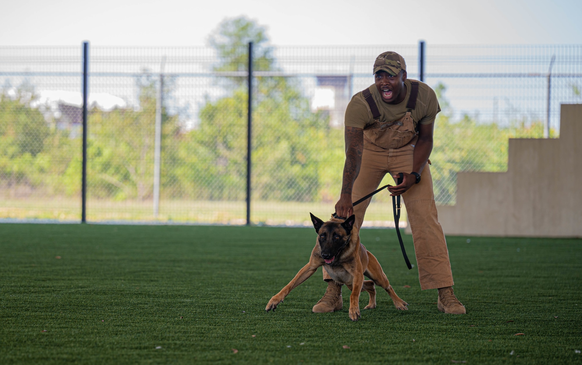 A military working dog handler holds back his dog.