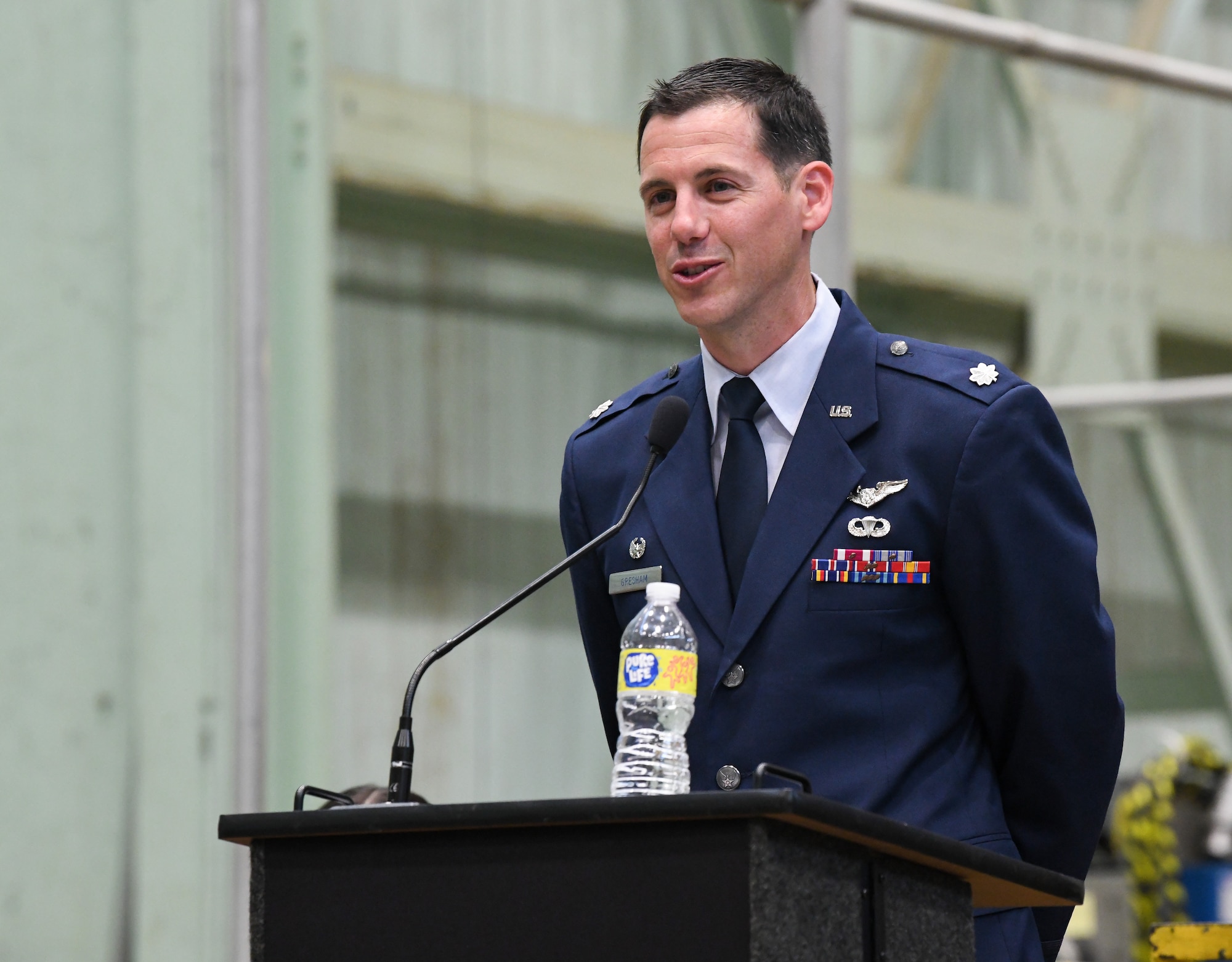 Lt. Col. James Gresham, commander of the 716th Test Squadron, 804th Test Group, Arnold Engineering Development Complex, speaks after assuming command of the 716 TS during a change of command ceremony June 30, 2022.