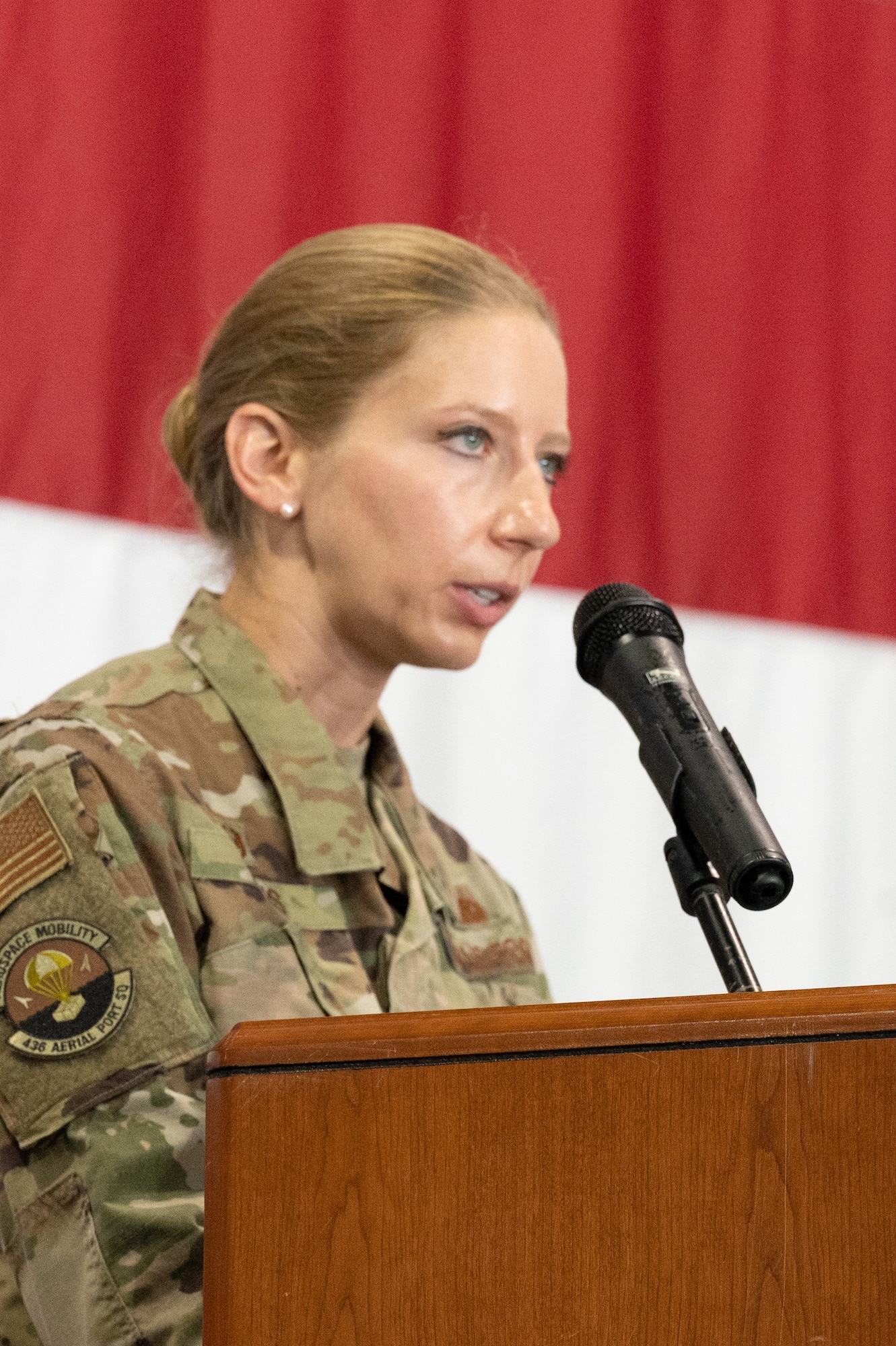 Maj. Randon Davis addresses the 436th Aerial Port Squadron after assuming command of the unit during a ceremony at Dover Air Force Base, Delaware, July 8, 2022. Davis was previously the commander of the 86th Vehicle Readiness Squadron and, most recently, a student of the Advanced Study of Air Mobility program at Joint Base McGuire-Dix-Lakehurst, New Jersey. (U.S. Air Force photo by Mauricio Campino)