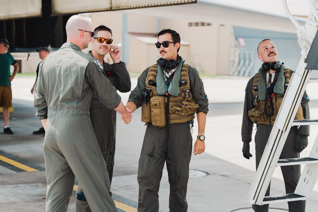 Aircrew from the 34th Bomb Squadron return home from a Bomber Task Force mission to Andersen Air Force Base, Guam, at base at Ellsworth Air Force Base, S.D., June 29, 2022.