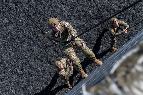 U.S. Air Force Academy cadets learn how to rappel and belay at Moody Air Force Base, Georgia, June 29, 2022.