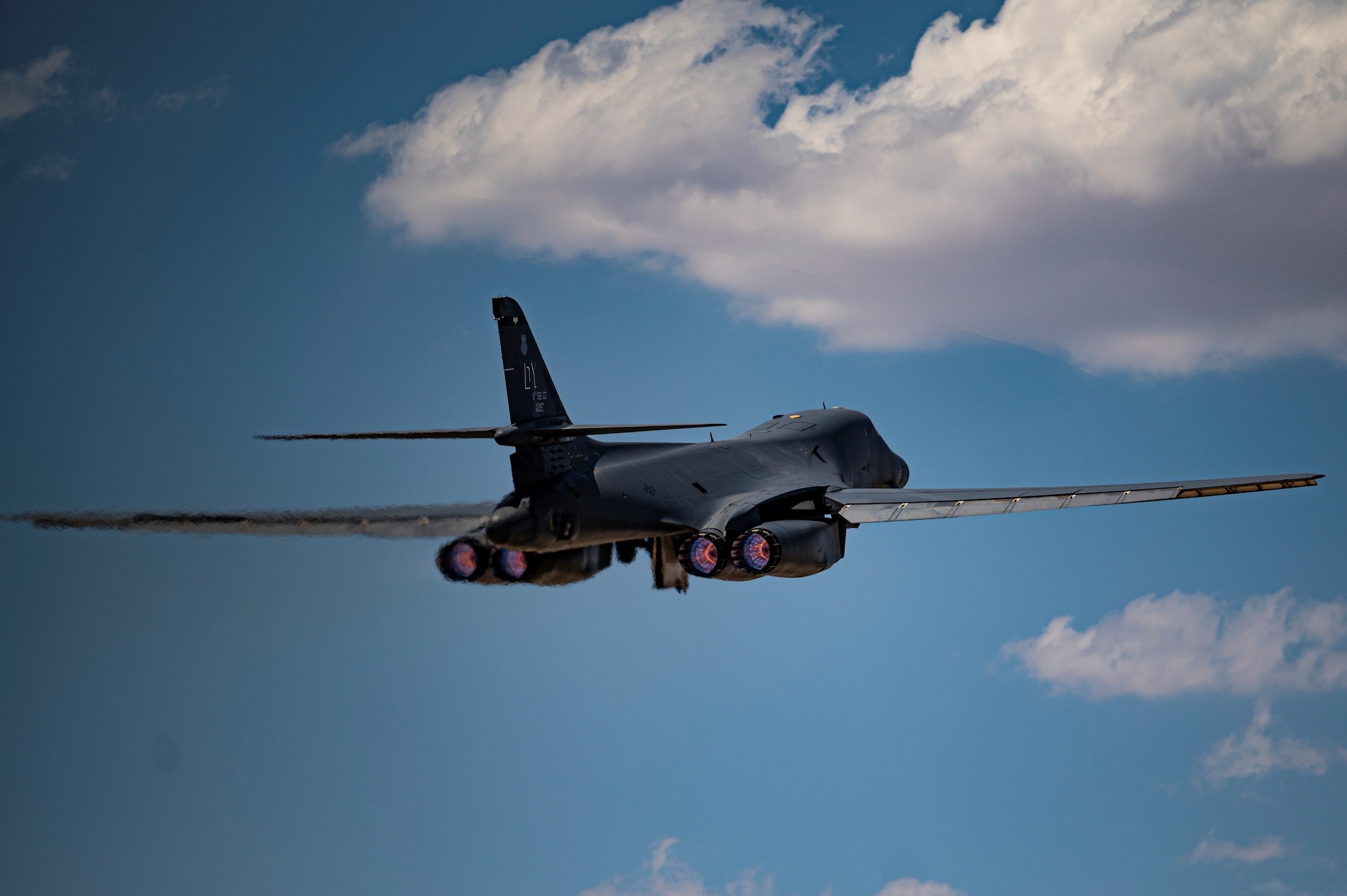 A B-1B Lancer departs from Dyess Air Force Base, Texas, June 29, 2022, in support of United States Africa Command's Exercise African Lion. The B-1 carries the largest payload of both guided and unguided conventional weapons in the United States inventory. (U.S. Air Force photo by Senior Airman Colin Hollowell)