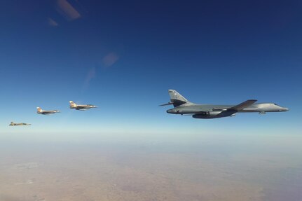 B-1B Lancer bombers from Dyess Air Force Base, Texas, fly with Royal Moroccan Air Force F-16 and F-5 aircraft off the coast of Morocco, June 30, 2022, in support of African Lion 2022. African Lion 2022 (AL22) is U.S. Africa Command's largest, premier, joint, annual exercise hosted by Morocco, Ghana, Senegal and Tunisia, June 6 - 30. More than 7,500 participants from 28 nations and NATO train together with a focus on enhancing readiness for U.S. and partner nation forces. AL22 is a joint all-domain, multi component, and multinational exercise, employing a full array of mission capabilities with the goal to strengthen interoperability among participants and set the theater for strategic access.

(U.S. Air Force Courtesy Photo)