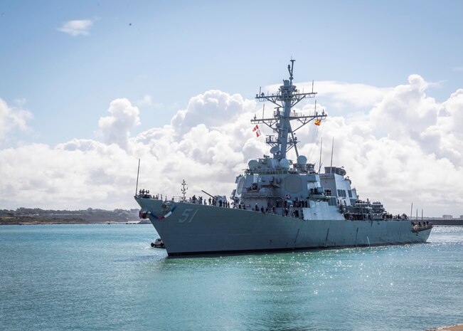 The Arleigh Burke-class guided-missile destroyer USS Arleigh Burke (DDG 51) prepares to pull into Riga, Latvia for a scheduled port visit, July 9, 2022.