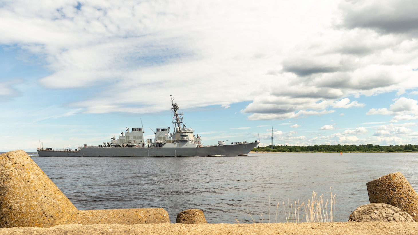 The Arleigh Burke-class guided-missile destroyer USS Arleigh Burke (DDG 51) arrived in Riga, Latvia for a scheduled port visit on July 9, 2022.