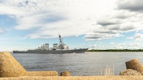The Arleigh Burke-class guided-missile destroyer USS Arleigh Burke (DDG 51) arrived in Riga, Latvia for a scheduled port visit on July 9, 2022.