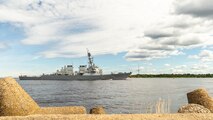 The Arleigh Burke-class guided-missile destroyer USS Arleigh Burke (DDG 51) arrived in Riga, Latvia for a scheduled port visit on July 9, 2022.