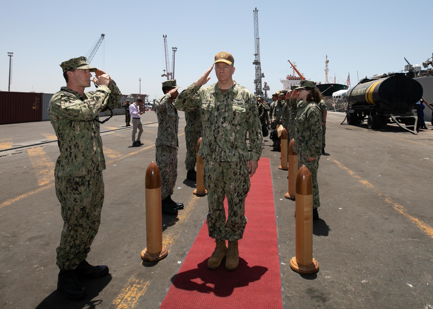 Sideboys assigned to the Arleigh Burke-class guided-missile destroyer USS Porter (DDG 78), welcome aboard Rear Adm. Jeffery Spivey, vice commander of U.S. Sixth Fleet, during exercise African Lion 22, June 28, 2022.