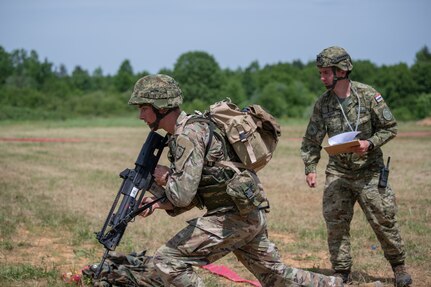 Minnesota National Guard Spc. Nathaniel Miska, a carpentry and masonry specialist with the 850th Engineer Company, participating in weapons qualification during the Croatian Best Soldier Competition in May 2022 near Slunj, Croatia. Croatia and Minnesota have worked together for 26 years as part of the Department of Defense National Guard State Partnership Program.