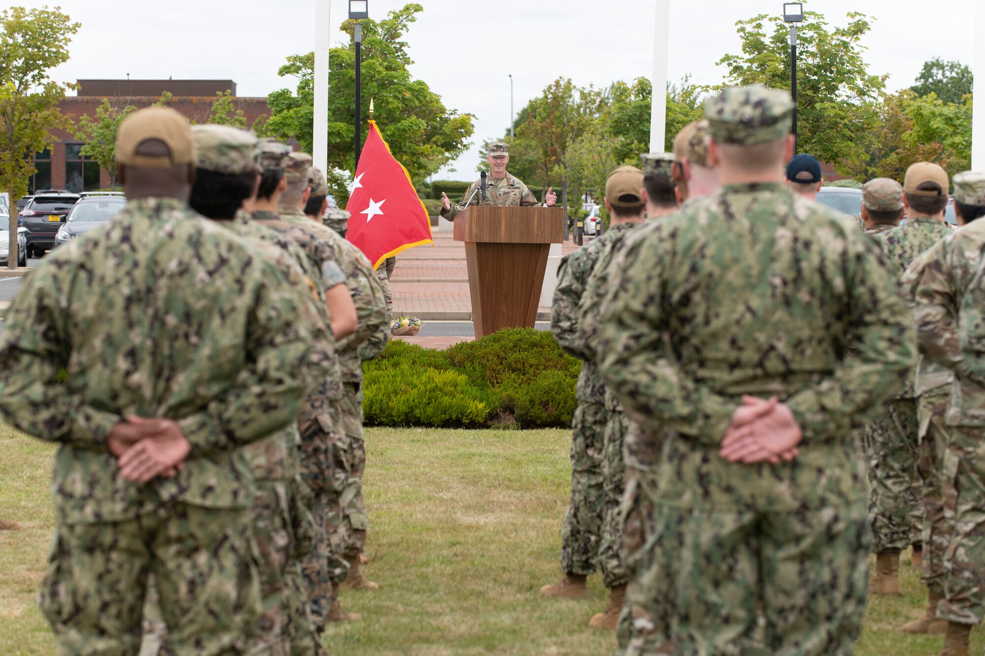 U.S. Army Maj. Gen. Timothy D. Brown, U.S. European Command director of intelligence, speaks during the Joint Intelligence Operations Center Europe Analytic Center change of command ceremony at Royal Air Force Molesworth, England, July 7, 2022. The change of command ceremony is rooted in military history dating back to the 18th century representing the relinquishing of power from one officer to another. (U.S. Air Force photo by Senior Airman Jennifer Zima)