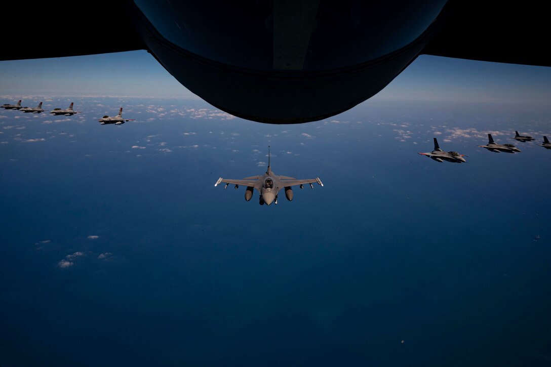 U.S. and Egyptian Air Force F-16 Fighting Falcons fly in formation.