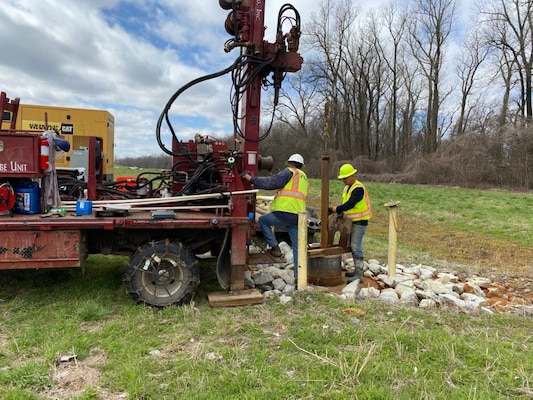 IN THE PHOTO, Contractors work to rehabilitate existing relief wells in Crittenden County, Arkansas. To carry out relief well restoration, a contract for $741,423 was awarded to SYTE Corp., with a notice to proceed date of Sept. 22, 2021. The contract was administered by the Memphis District’s Wynne Area Office, and the project was declared substantially complete May 21, 2022. (Courtesy photo)