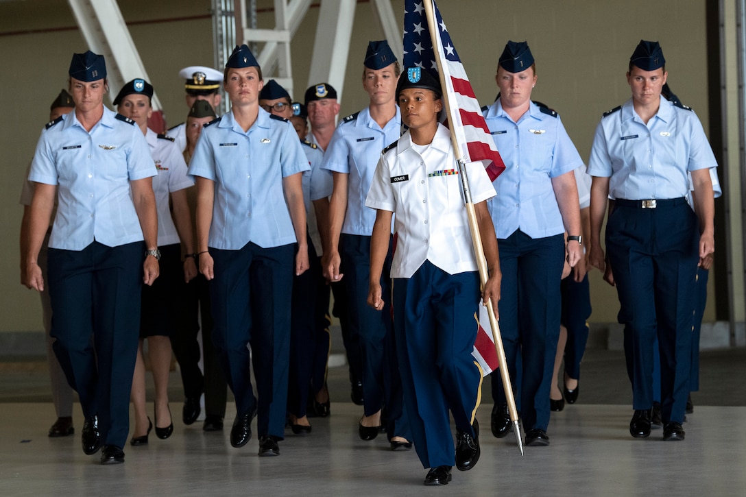 The U.S. Armed Forces Women’s Soccer Team enters the opening ceremonies for the 13th CISM (International Military Sports Council) World Military Women’s Football Championship at Fairchild Air Force Base in Spokane, Wash. July 10, 2022. (DoD photo by EJ Hersom)