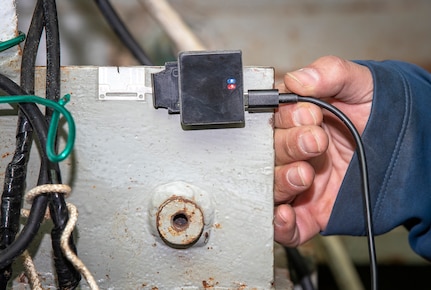 An experimental sensor used to measure structural hull health is installed inside the ex-Buffalo (SSN 715) March 30, 2022, at Puget Sound Naval Shipyard & Intermediate Maintenance Facility in Bremerton, Washington. (U.S. Navy photo by Scott Hansen)