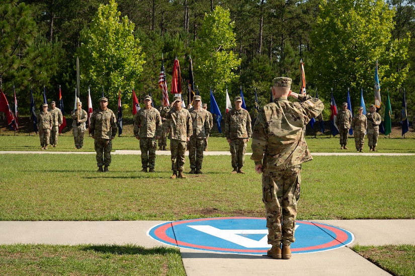 Lt. Gen. Patrick D. Frank renders a salute and orders the colors to be retired, concluding the change of command ceremony at Patton Hall's Lucky Park, Shaw Air Force Base, S.C., July. 7, 2022