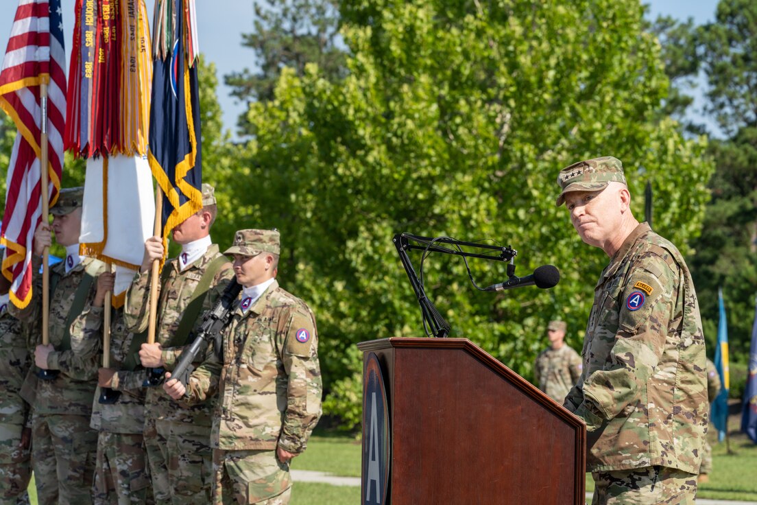 U.S. Army Central incoming Commanding General, Lt. Gen. Patrick D. Frank, delivers remarks at Patton Hall's Lucky Park, Shaw Air Force Base, S.C., July 7, 2022