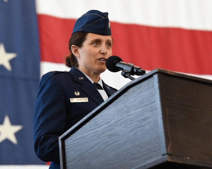 Lt. Col. Kristina Ellis, the outgoing 28th Operations Support Squadron commander, delivers a speech during a change of command ceremony at Ellsworth Air Force Base, S.D., July 08, 2022.